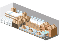 Storage unit with packed boxes, furniture, and appliances.