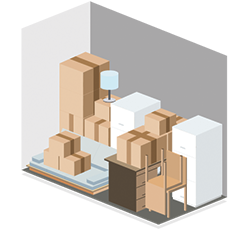 Isometric view of a storage unit packed with boxes, a desk, a lamp, and other household items.