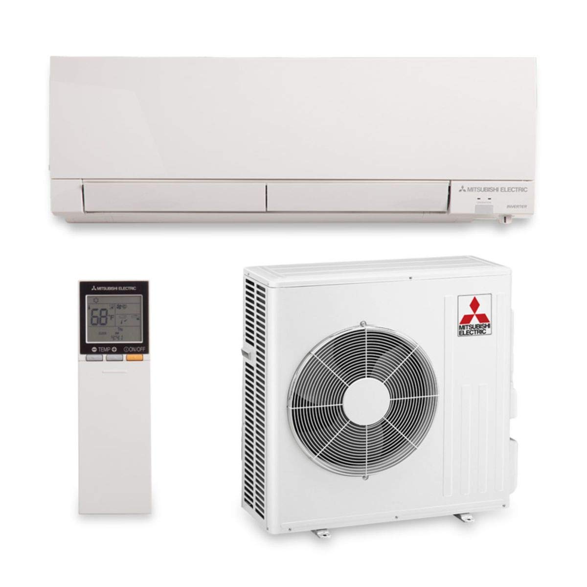 A mitsubishi air conditioner with a remote control and a fan.