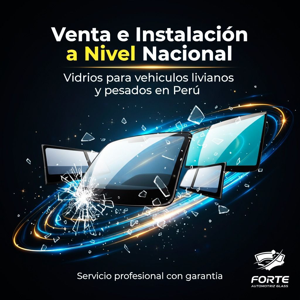 Anuncio de venta e instalación de vidrios para vehículos en Perú. Muestra vidrios rotos con un efecto de brillo azul, dorado.