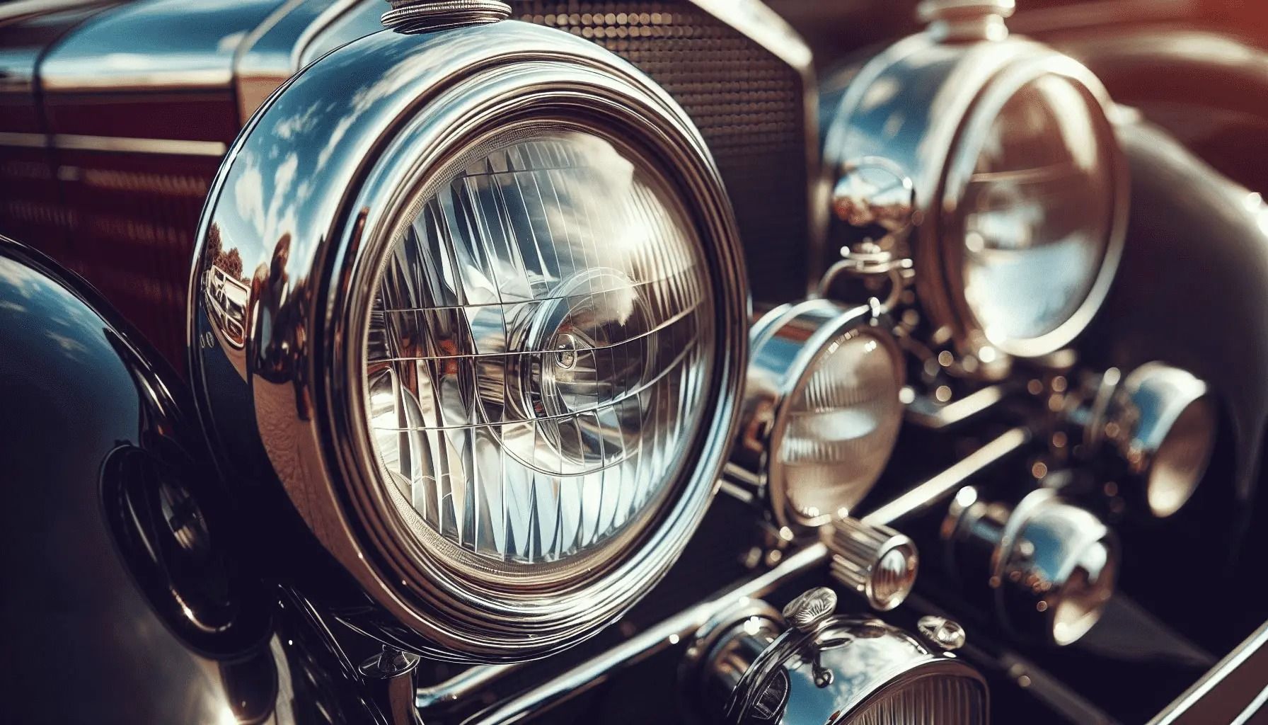 A close up of the headlights of an old car.