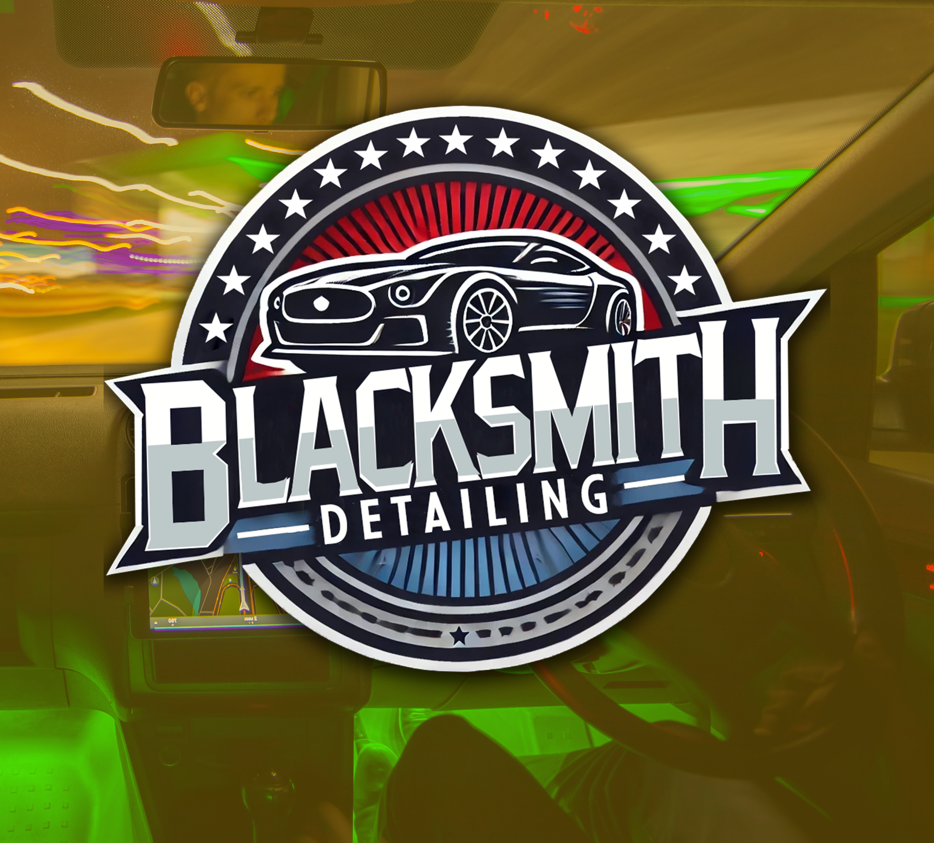 A logo for blacksmith detailing with a car in the background.