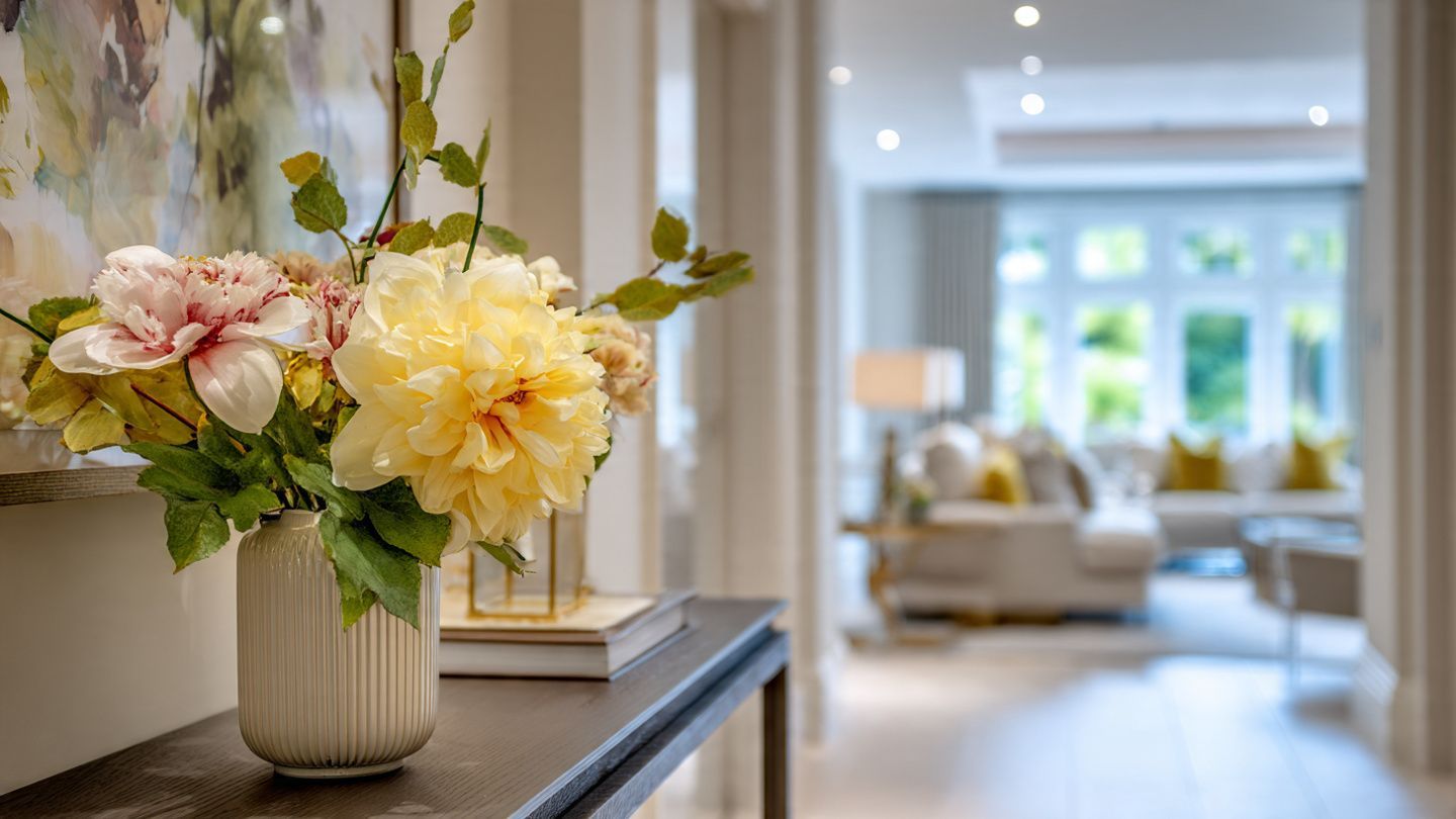 Vase of pink and yellow flowers on a table in a bright, elegant living room