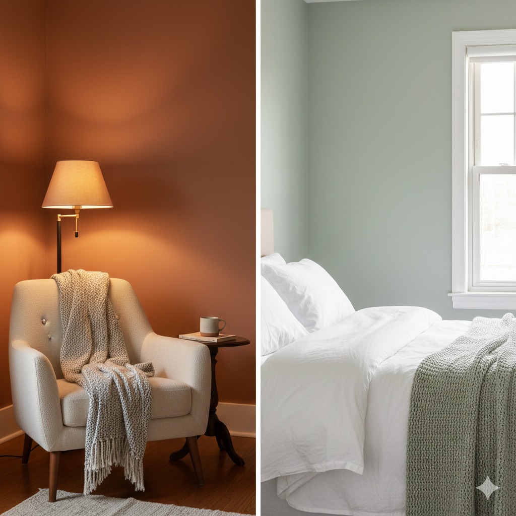 Left: Armchair under a lamp in a room with orange walls. Right: Bedroom with a bed against green walls.