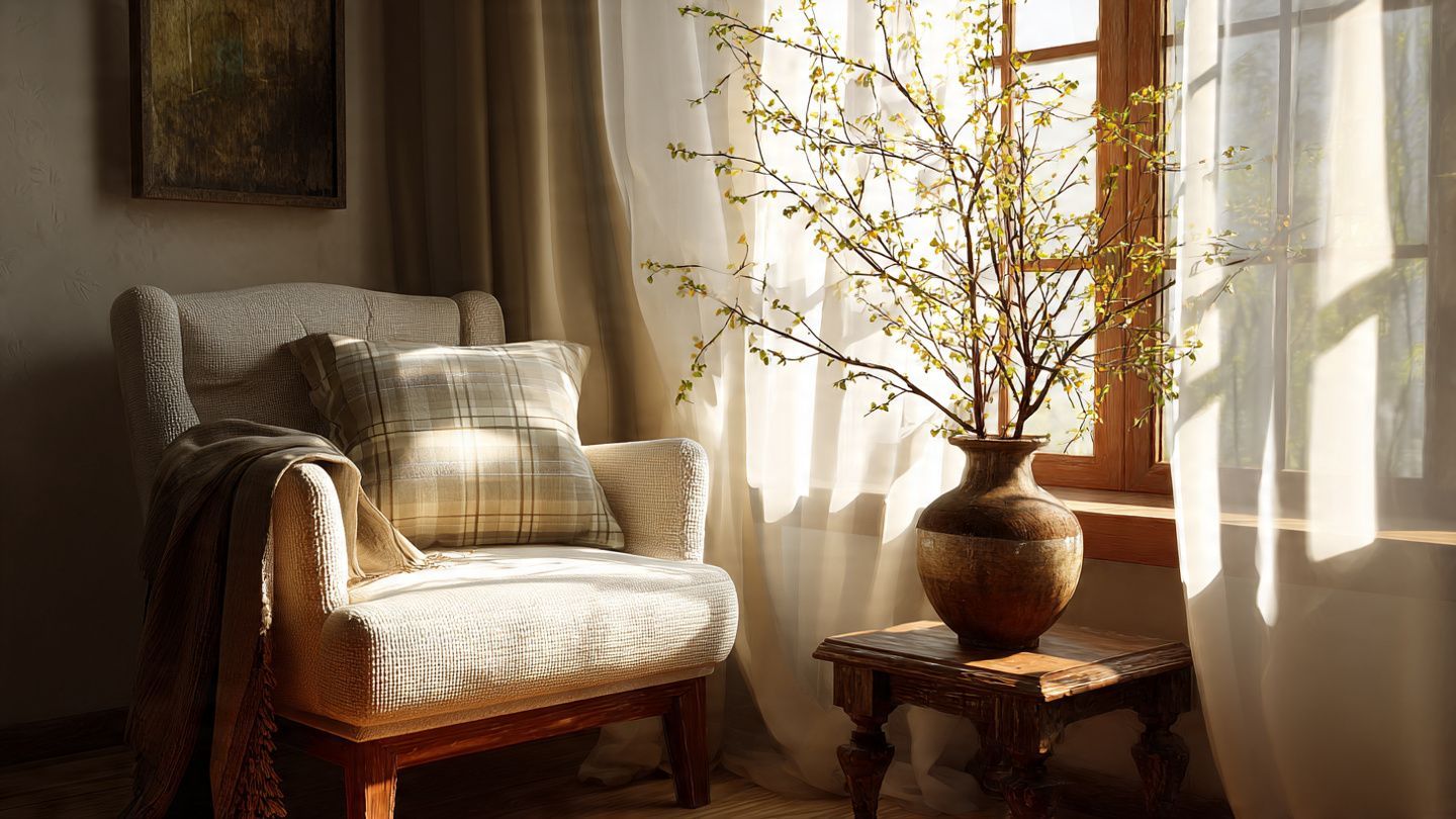 A cozy, sunlit corner featuring a light-colored armchair with a plaid pillow next to a vase of branches on a side table.