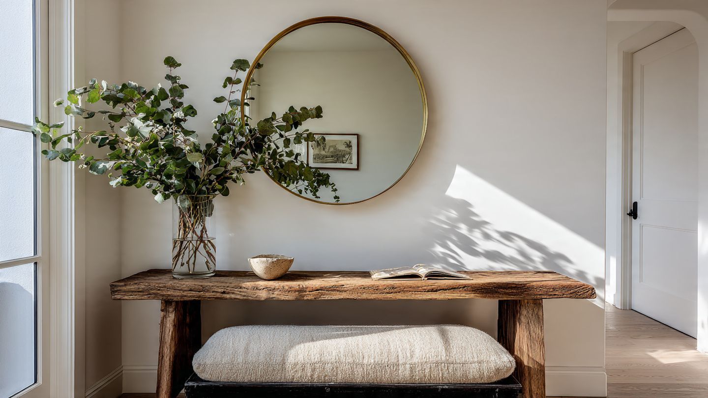 Minimal entryway with rustic bench, round mirror, potted plant, and sunlight on white wall