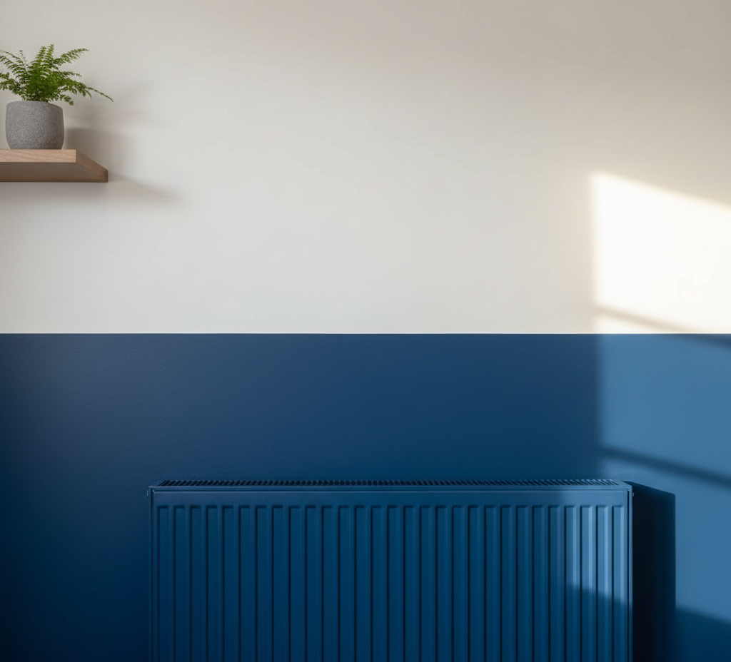 Blue radiator against blue wall, with white upper wall. A small plant sits on a wooden shelf.