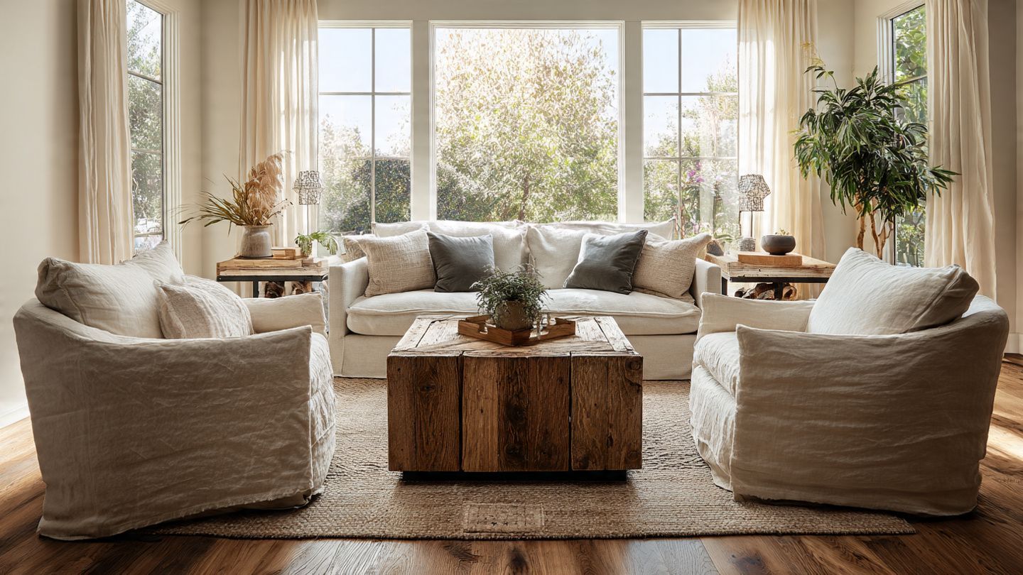 Bright living room with beige sofas, wooden coffee table, large windows, and indoor plants