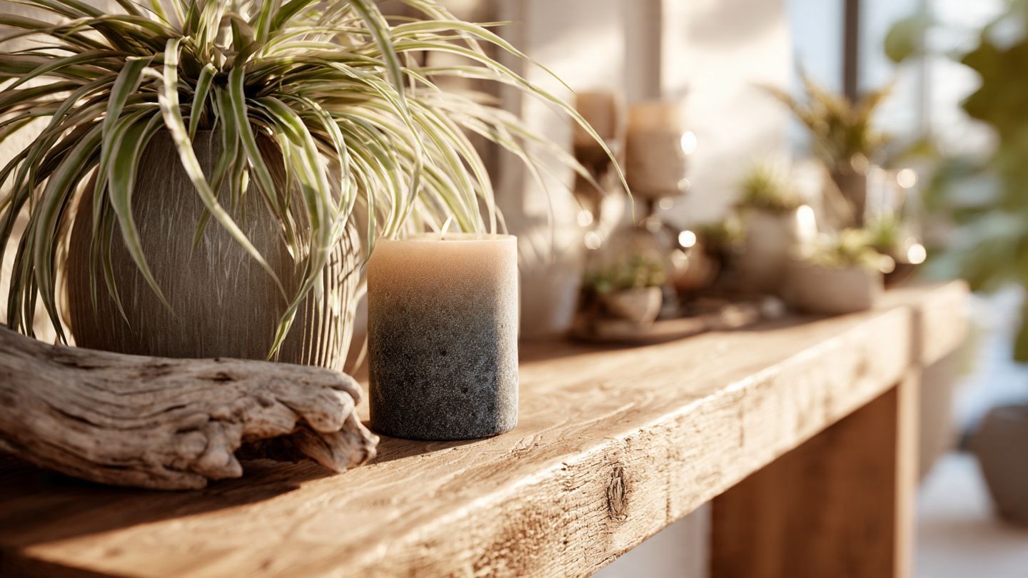 A textured candle, driftwood, and a potted spider plant sit on a rustic wooden console table in soft, warm light.