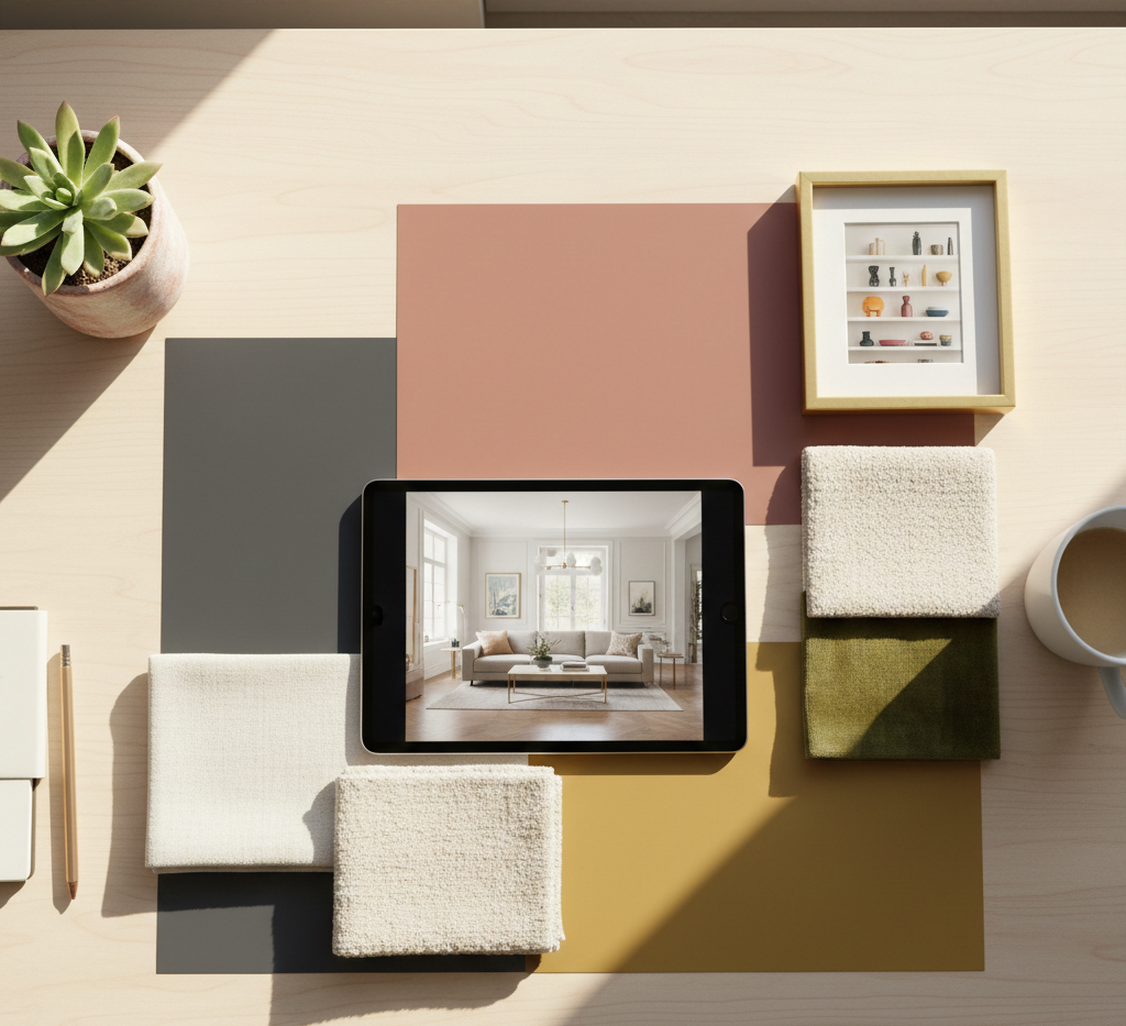Mood board with paint swatches, fabric samples, tablet showing living room, potted plant, and coffee.