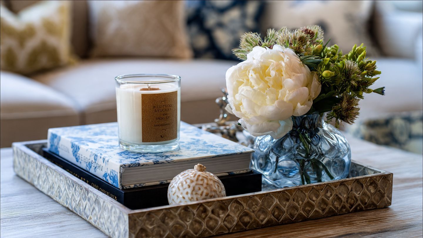 Decorative tray with books, candle, white flower, and greenery on a coffee table