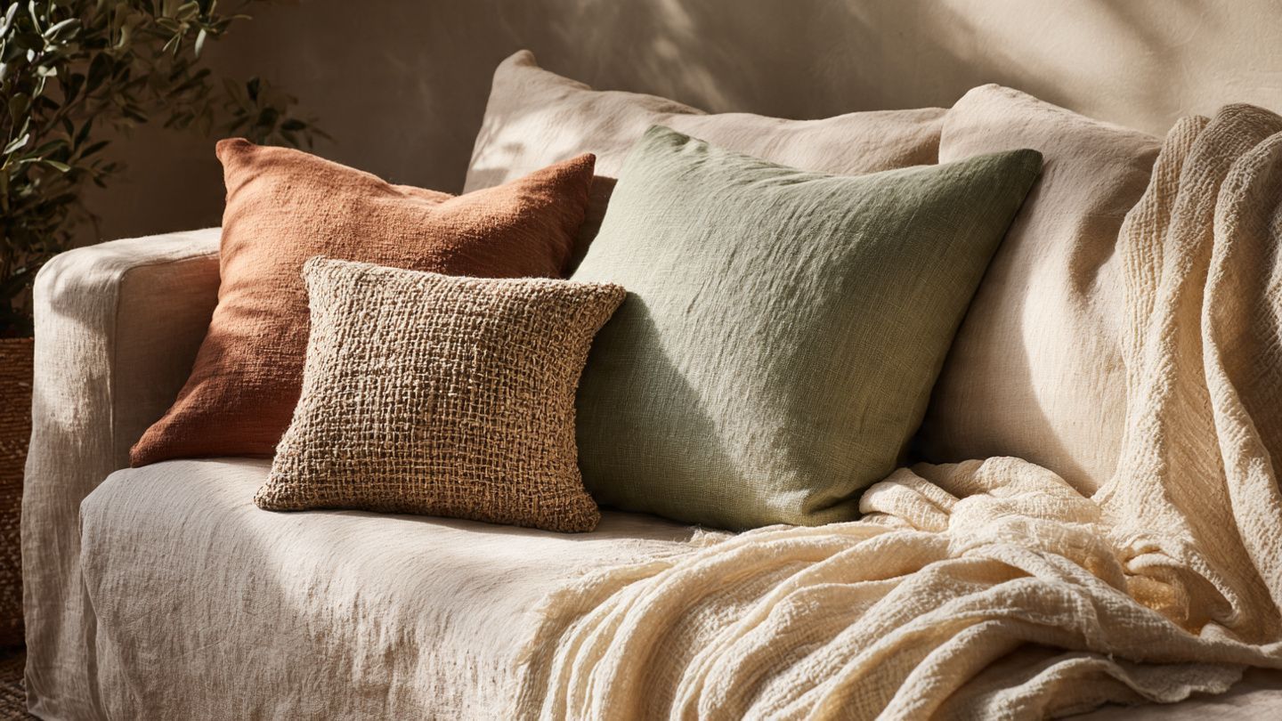 Cozy beige and peach throw pillows on a textured cream blanket in warm sunlight