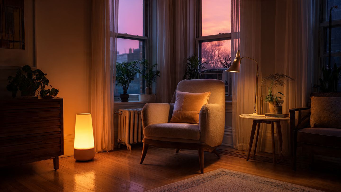 Cozy living room with an armchair by a window, warm lamp light, and potted plants at dusk