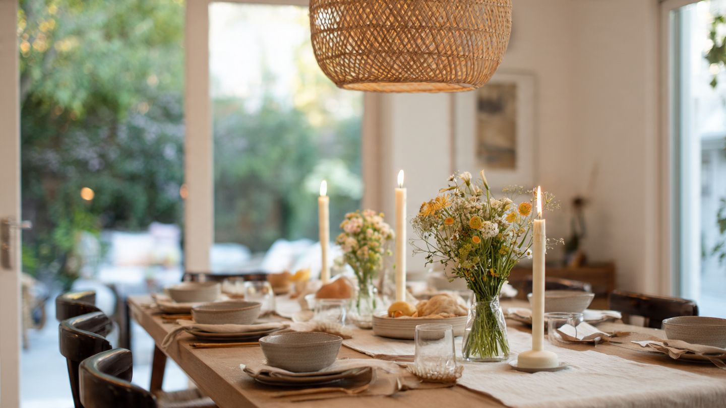 Elegant dining table set with plates, candles, and flower arrangements in a bright dining room