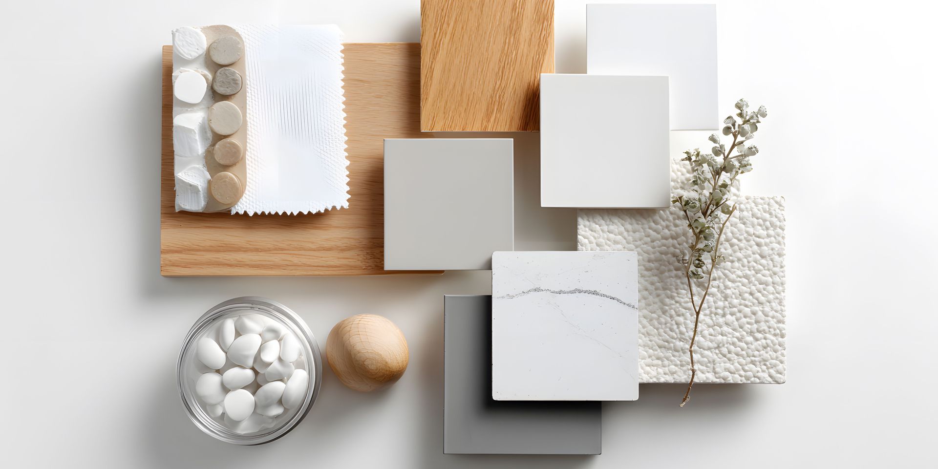 Mood board with neutral colors: wood, gray and white tiles, dried plant, and small pebbles.