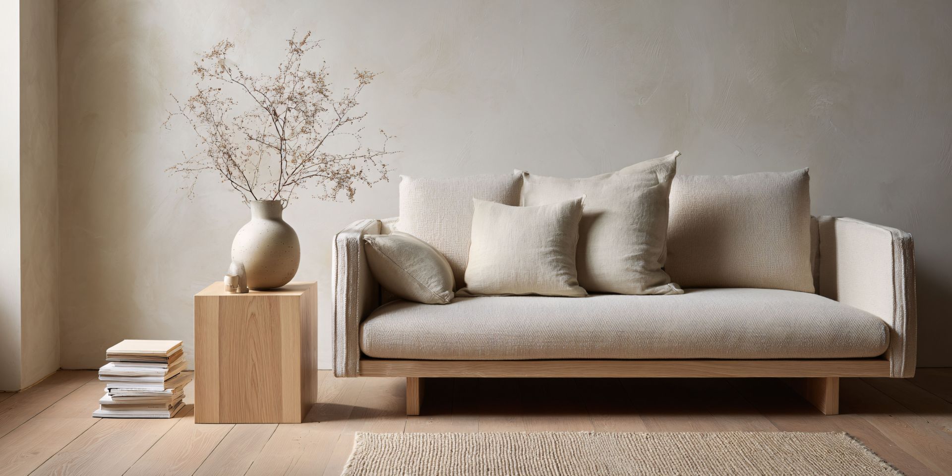 Cream-colored couch with pillows, wooden side table with vase and branches, books, and rug, against a neutral wall.