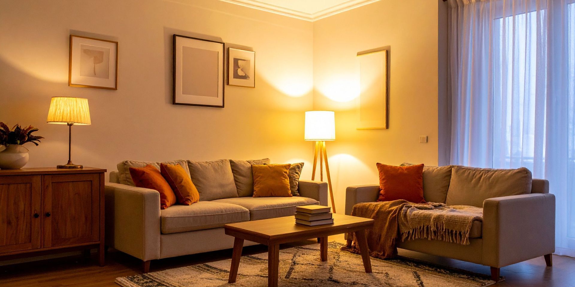 Cozy living room with couches, lamps, and framed art. Warm lighting with an area rug and curtains.