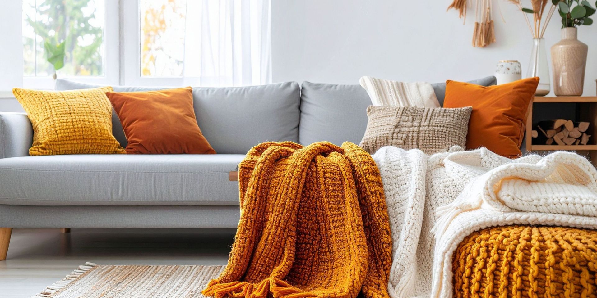 A gray couch with orange and yellow pillows, with orange and white blankets. A pouf sits in front.