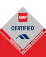 GAF Certified Residential Roofing Contractor logo: red, white, and gray diamond with the GAF logo and