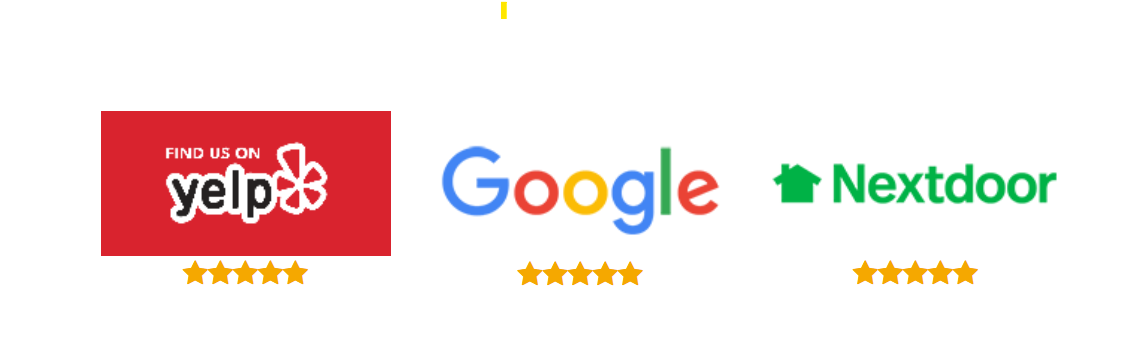 Logos for Yelp, Google, and Nextdoor, each with five-star ratings.