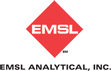 The logo for emsl analytical inc. is a red diamond