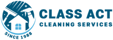 The logo for class act cleaning services shows a house and a cleaning brush.
