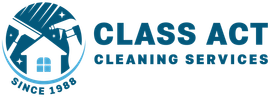 The logo for class act cleaning services shows a house and a cleaning brush.