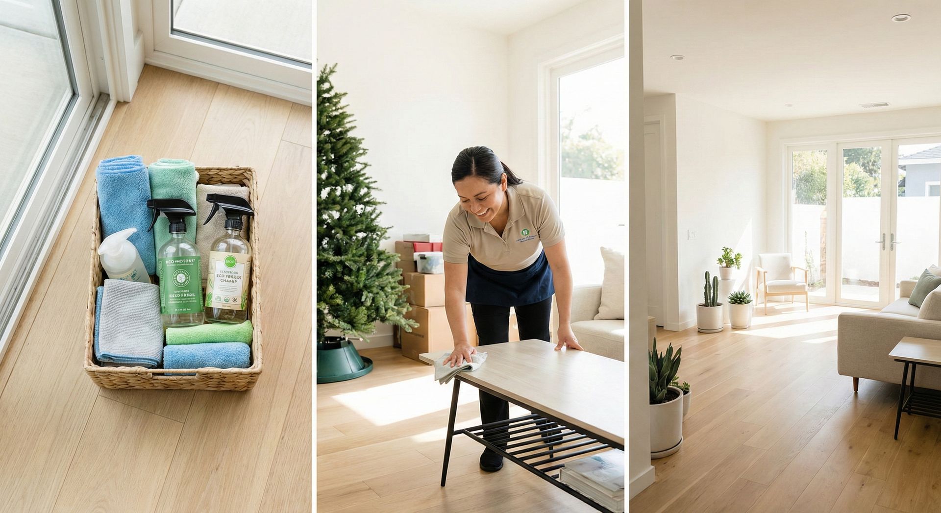 California home interior showing bright living room being professionally cleaned after holiday season with organized space and natural light