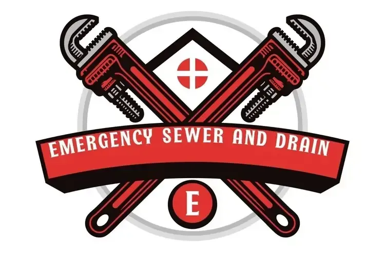 Logo for Emergency Sewer and Drain: crossed red wrenches, red banner, house icon, and letter "E" in a circle.
