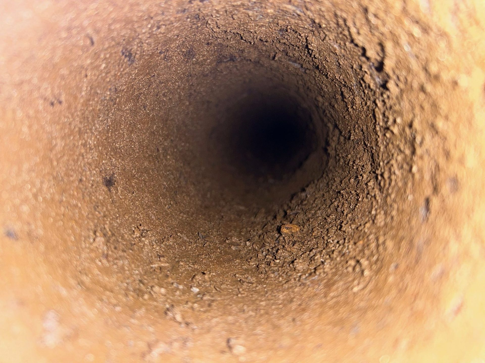 Looking down a dark, round hole with rough, brown walls.