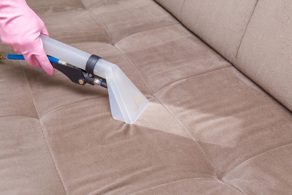 A Person Is Cleaning A Couch With A Water Extraction Machine — Big Red Carpet & Property Maintenance In Airlie Beach, QLD