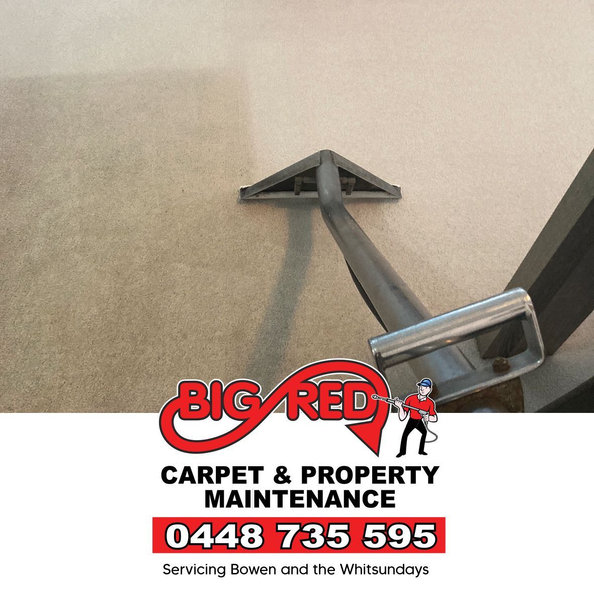 An advertisement for big red carpet and property maintenance