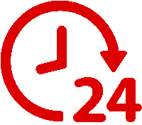 A red icon of a clock face partially encircled by an arrow, accompanied by the number 24, representing 24-hour service.