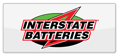 Interstate Batteries logo in a white rectangle with a red and black star design.