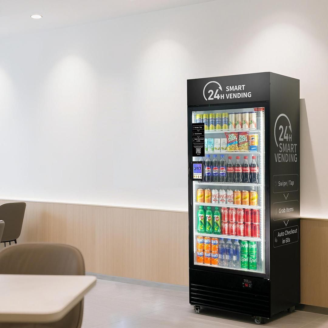 Vending machine with rows of drinks and snacks. Features number pad and card reader. Brightly lit interior.