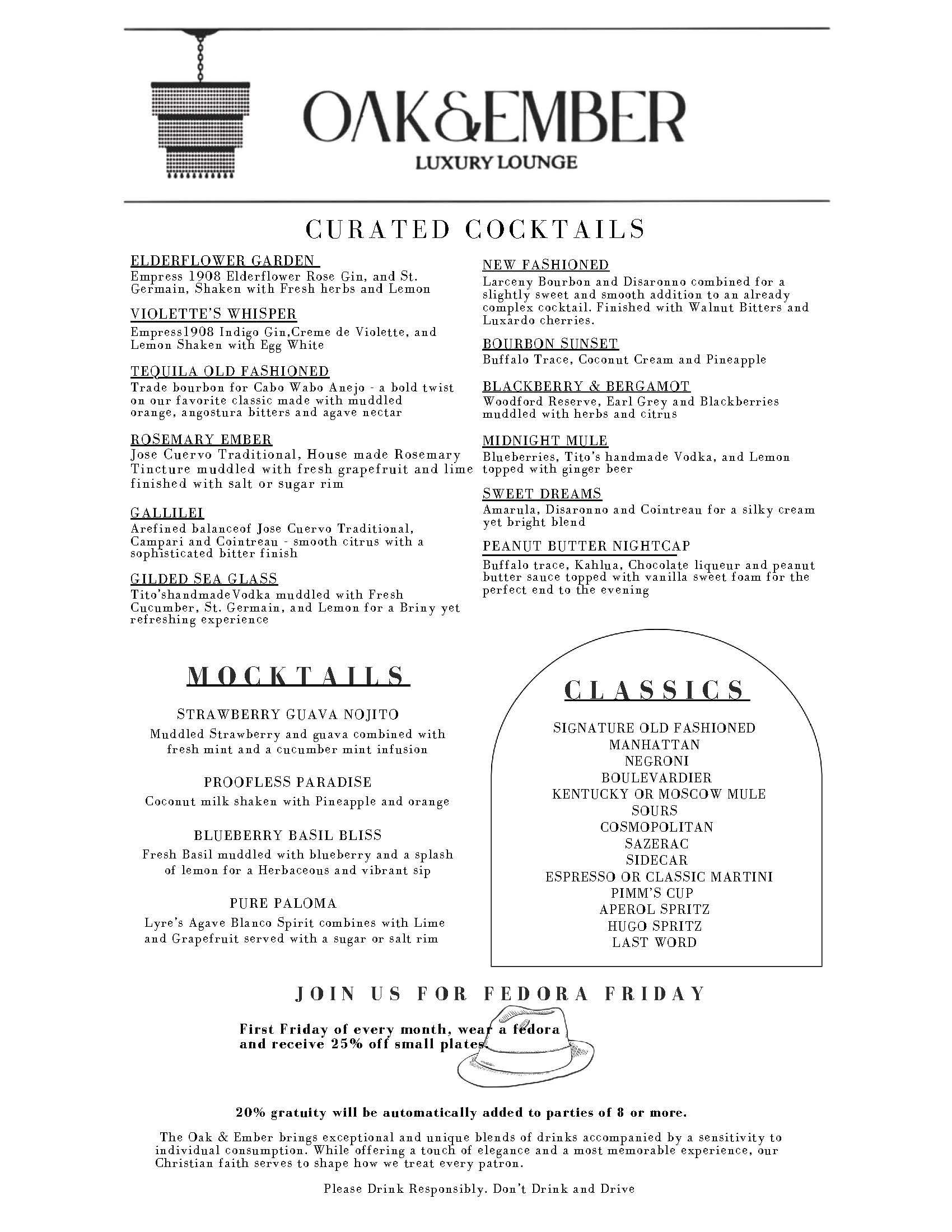 Oak & Ember Luxury Lounge Menu