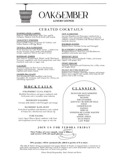 Oak & Ember Luxury Lounge Menu