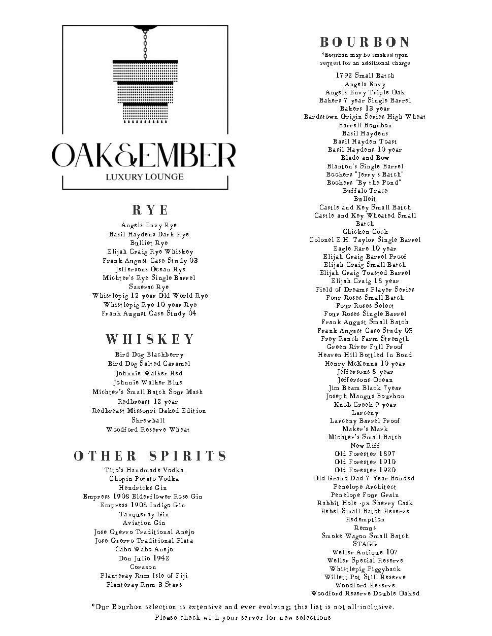 Oak & Ember Luxury Lounge Menu