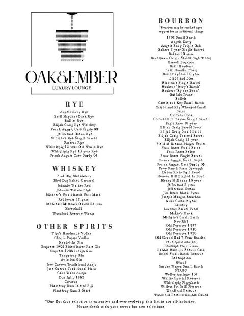 Oak & Ember Luxury Lounge Menu