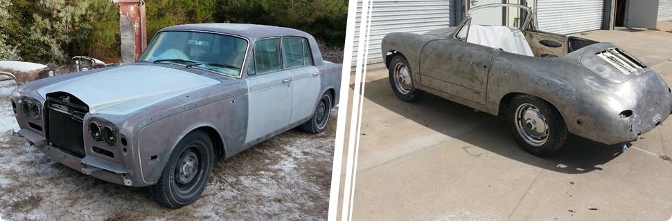 A rolls royce and a porsche are parked next to each other.