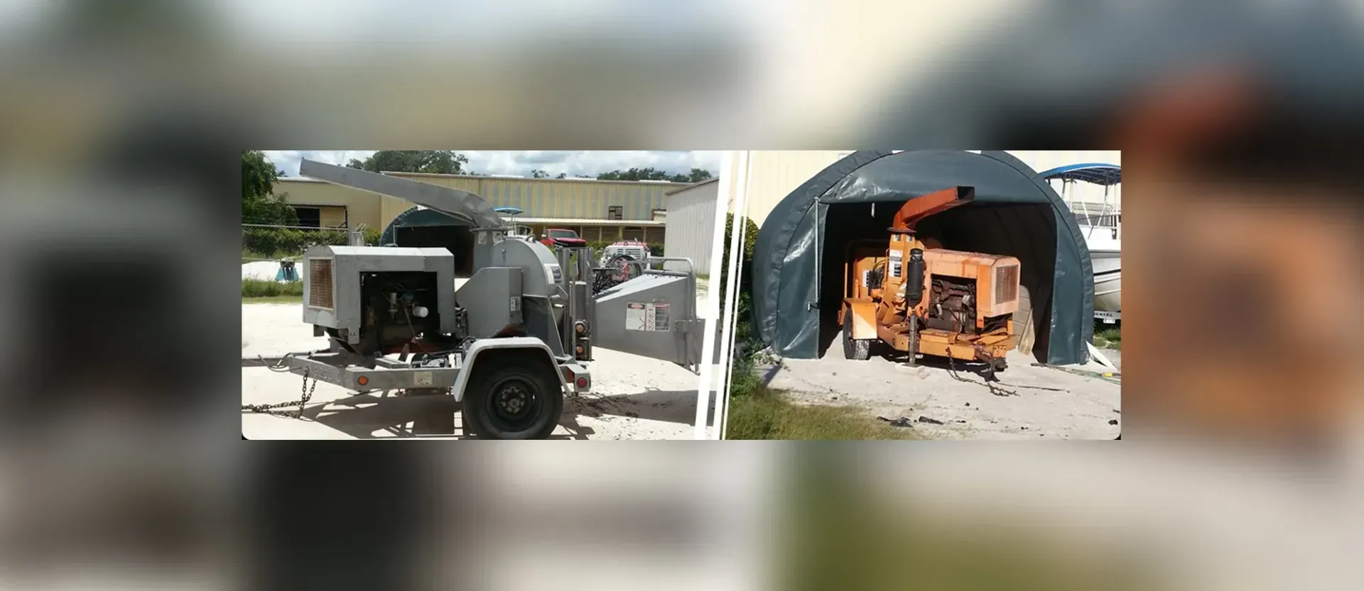A concrete mixer is parked next to a tent.