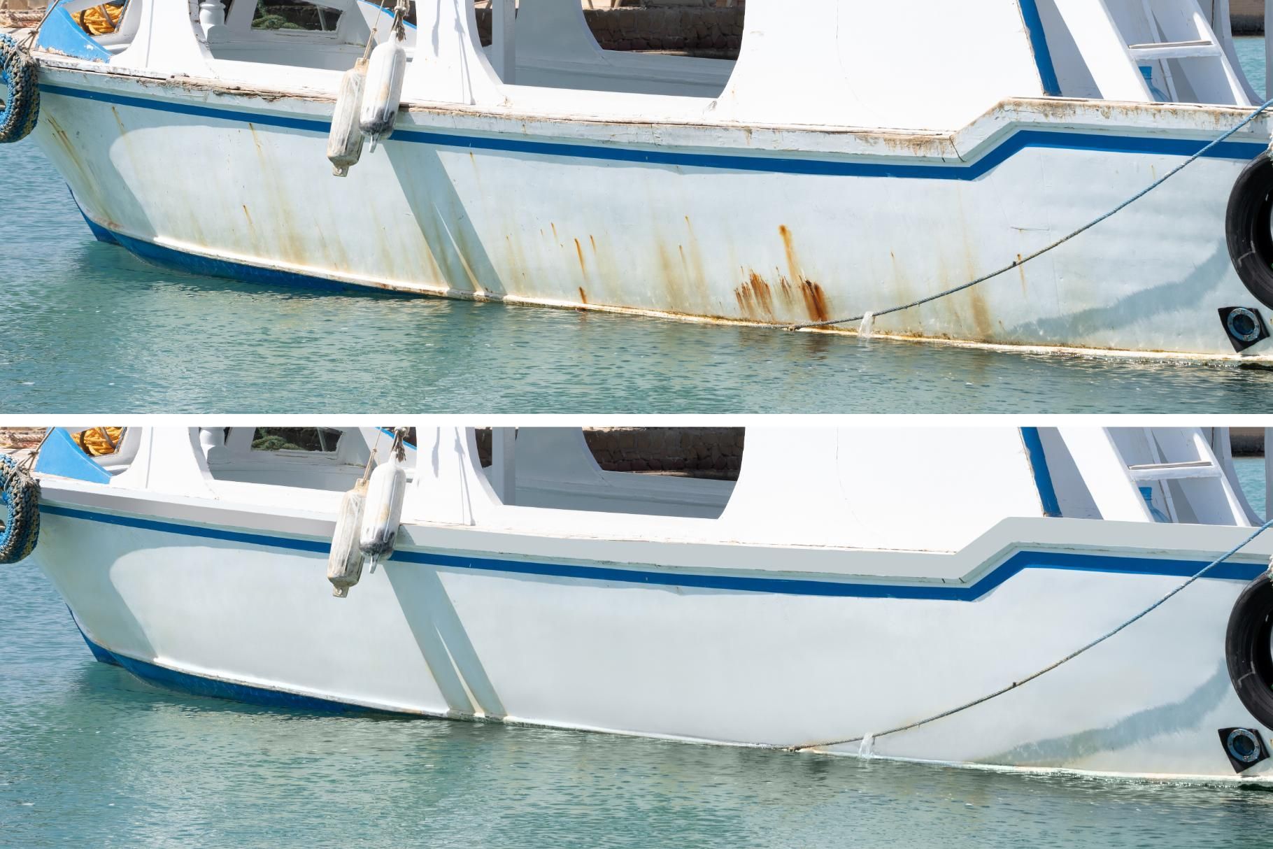 A before and after picture of a boat in the water.