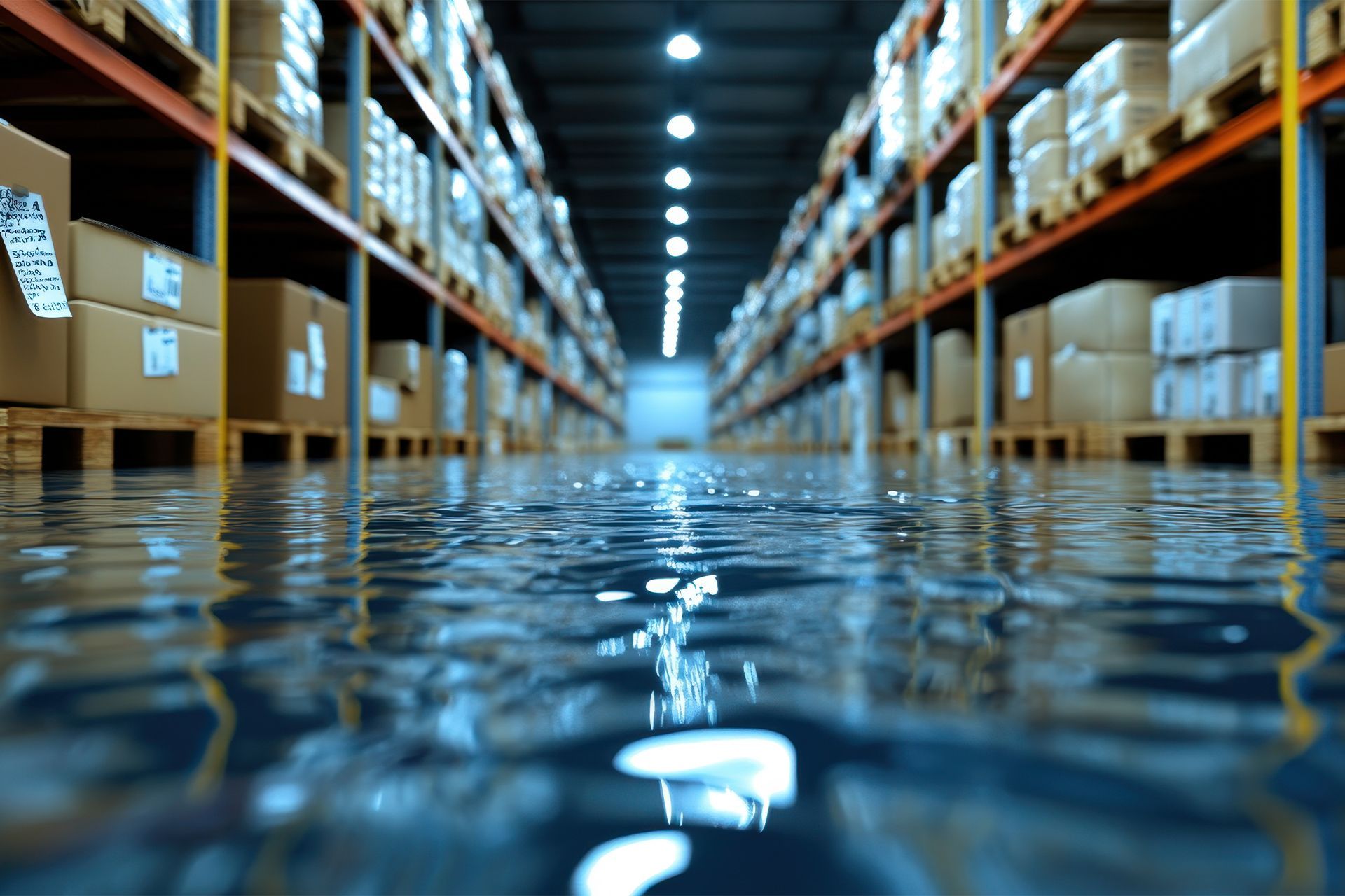 Warehouse flooded with water, shelves stocked with boxes visible in the background.