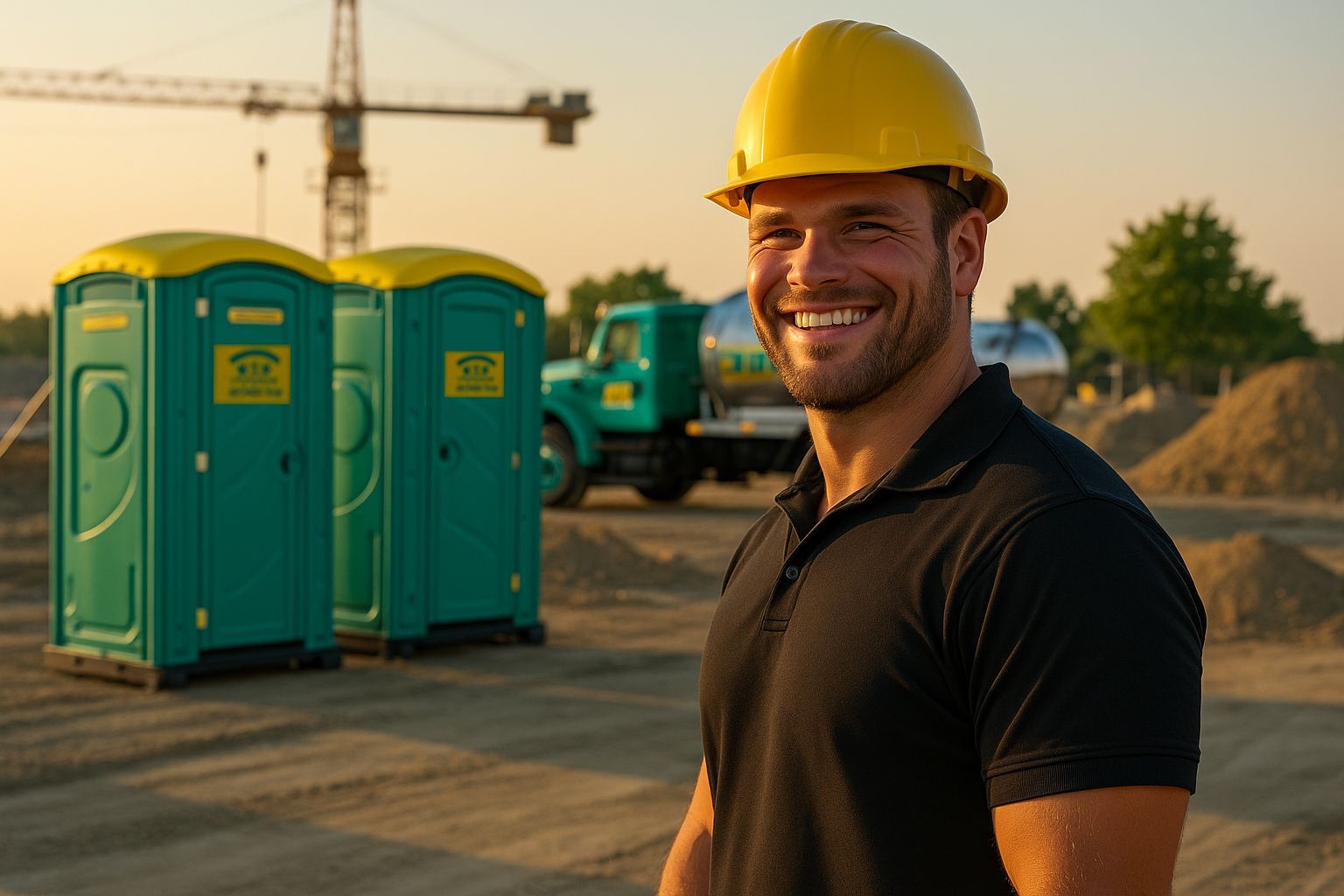 Construction worker smiles at the camera, standing by portable toilets at a construction site.