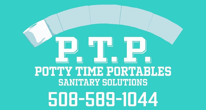 Logo for Potty Time Portables: P.T.P. with text, phone number on a turquoise background.