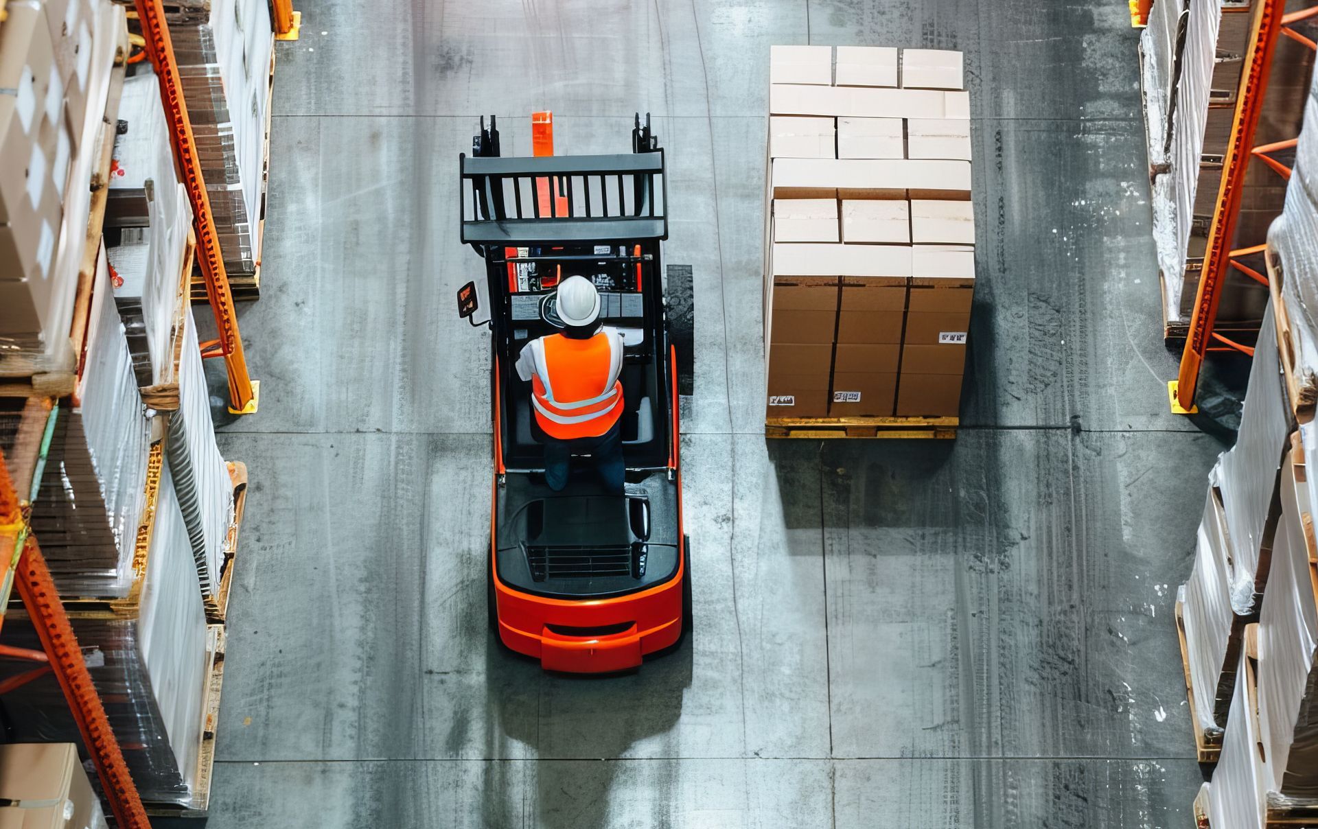 A man is driving a forklift in a warehouse.