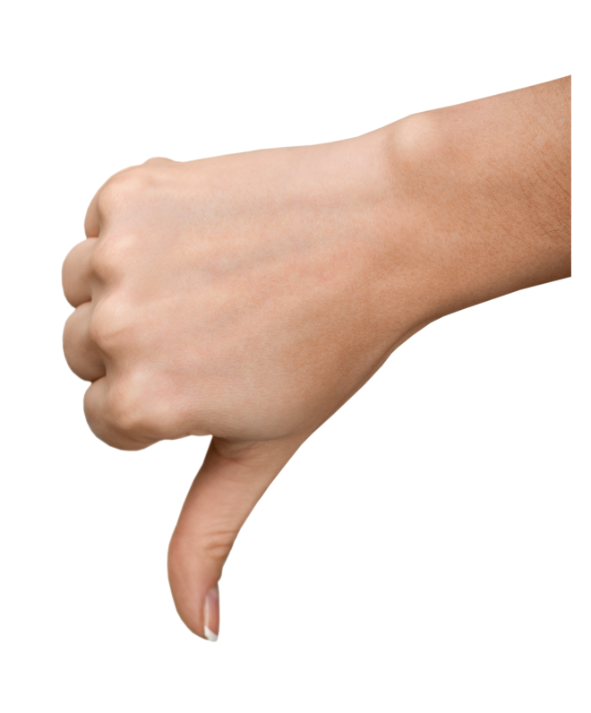 A woman 's hand is giving a thumbs down sign
