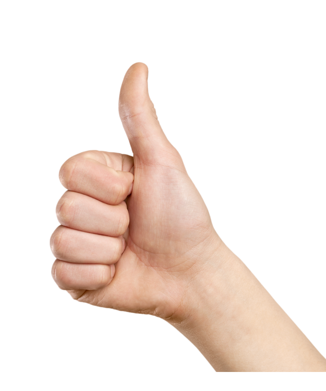 A hand is giving a thumbs up sign on a white background