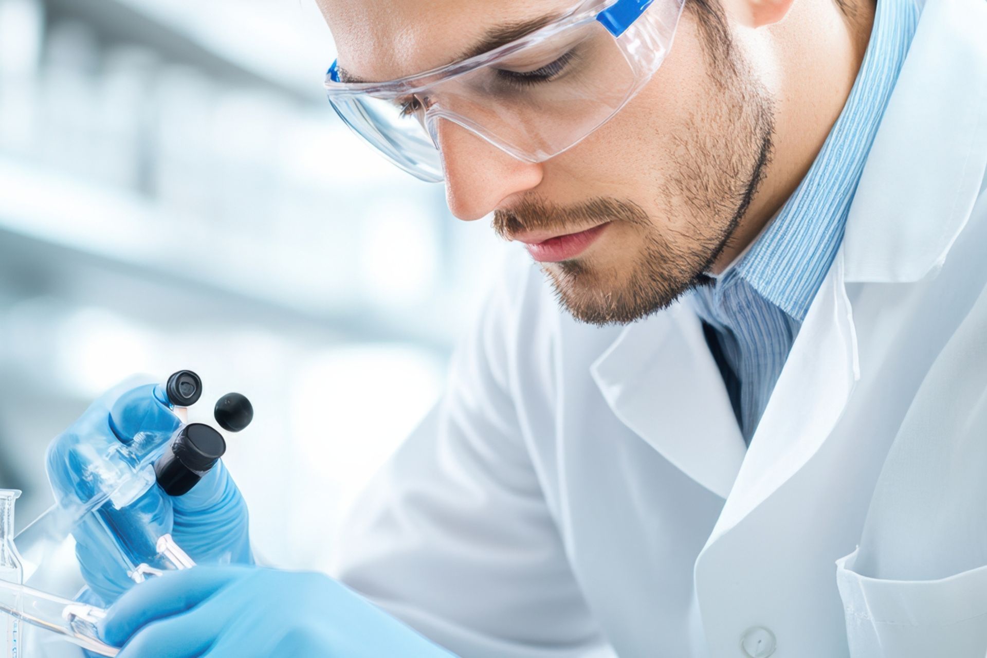 A man in a lab coat and goggles is working in a laboratory.