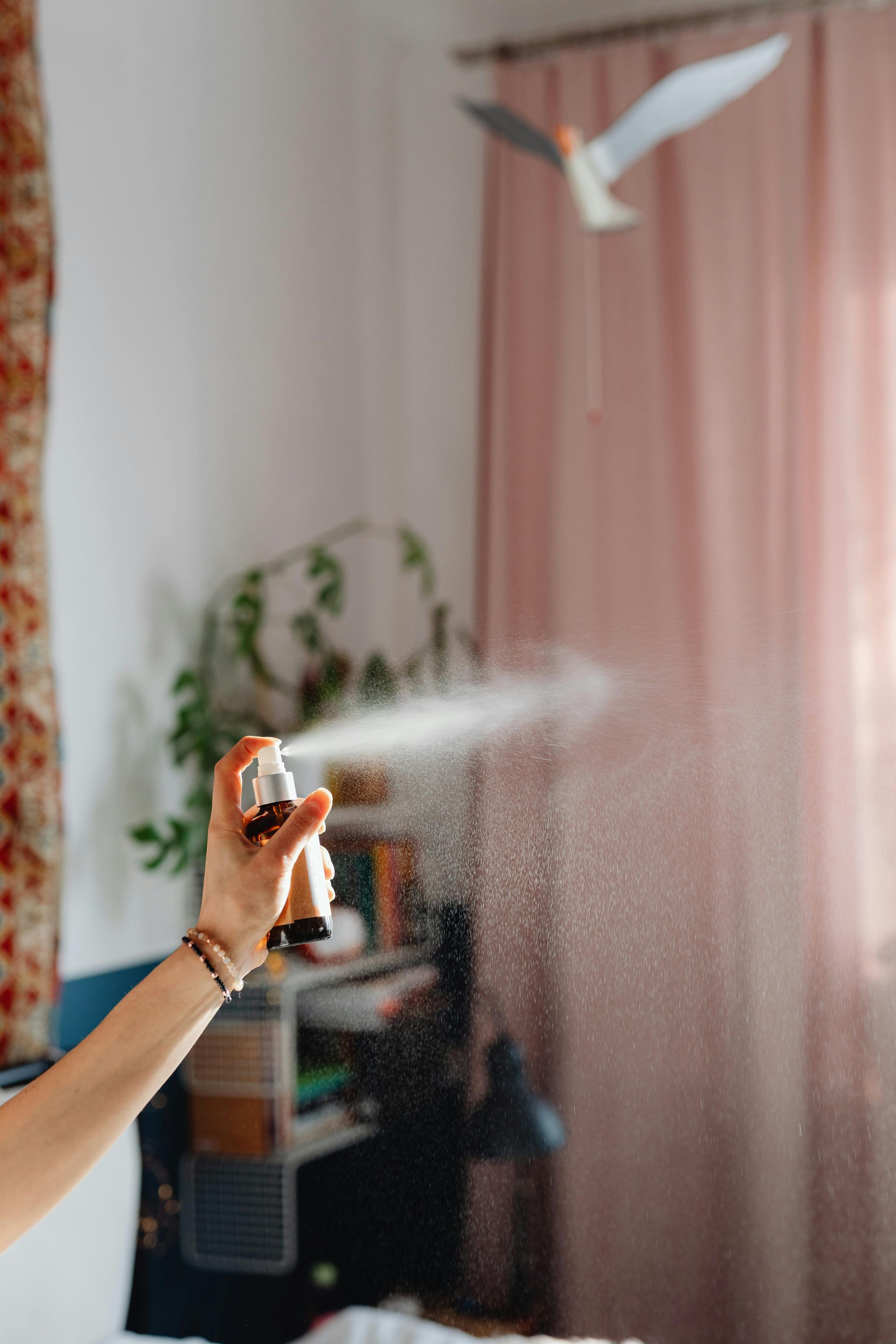 A woman is spraying a room with a spray bottle.